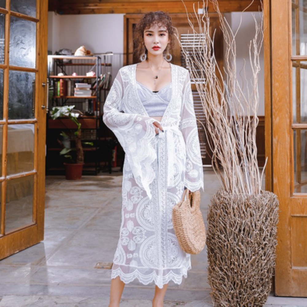 🎀 KIMONO ROBE CARDIGAN DUSTER LACE BOHO CHIC PURE WHITE BEACH SUMMER LONG MAXI - Picture 13 of 14